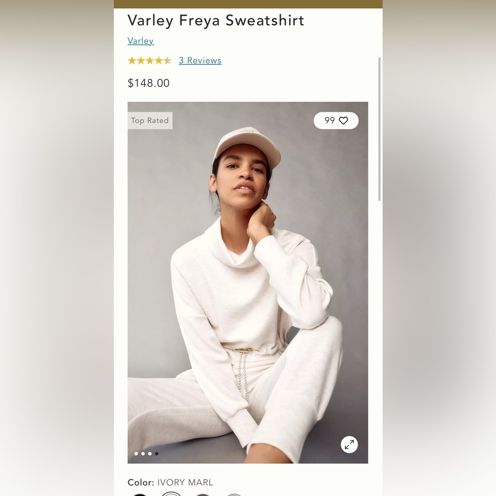NWT VARLEY Freya Sweat Sweatshirt Cowl Neck. Size: Small Color: Ivory Marl